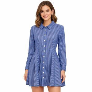 BCBGeneration Dress Womens 10 Blue Stripe Long Sleeve Fit Flare Shirt Short